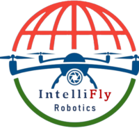 Logo of IntelliFly Robotics featuring a stylized drone with horizontal propellers, set against a red and gray semi-circular grid background that resembles a dome. The company name ‘IntelliFly Robotics’ is written below in blue and green, encased within a green semi-circular outline that complements the dome above.