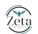 “Zeta” logo in teal with a bird icon above, encircled by an open loop, and “PARK WITH EASE” in grey below.